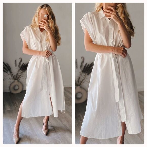 H&M White Shirt Cotton Dress Belted New - Picture 2 of 7